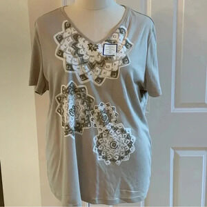 Falls Creek Women's Plus Size 2X Beige Studded Mandala T Shirt Top NWT Flowers